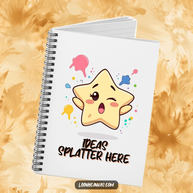 Funny notebook with a surprised star character winking while juggling paint splatters, ideal for sketching and capturing artistic ideas.