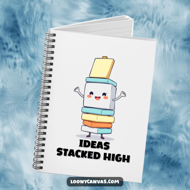 Funny notebook with a cheerful cube character enthusiastically balancing a stack of wobbling canvases, ideal for jotting down creative ideas.