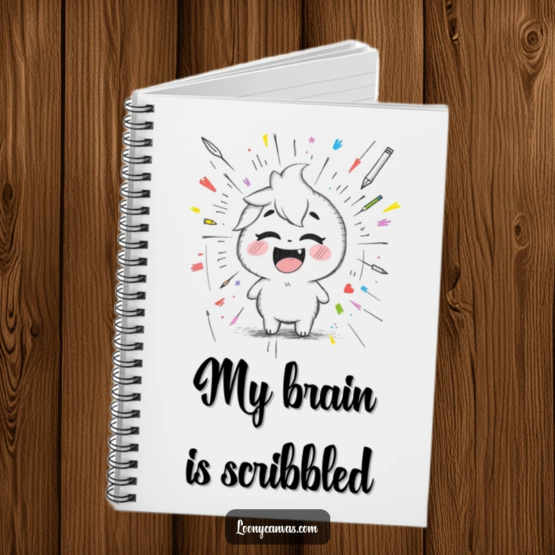 Funny giggling Kawaii pencil character drawing a chaotic scribbled masterpiece, a humorous notebook for jotting down ideas.