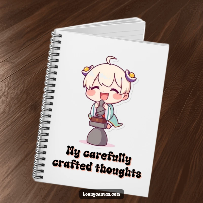 Funny notebook cover with a delighted character attempting to balance a tiny sculpture, illustrating a theme of delicate focus.