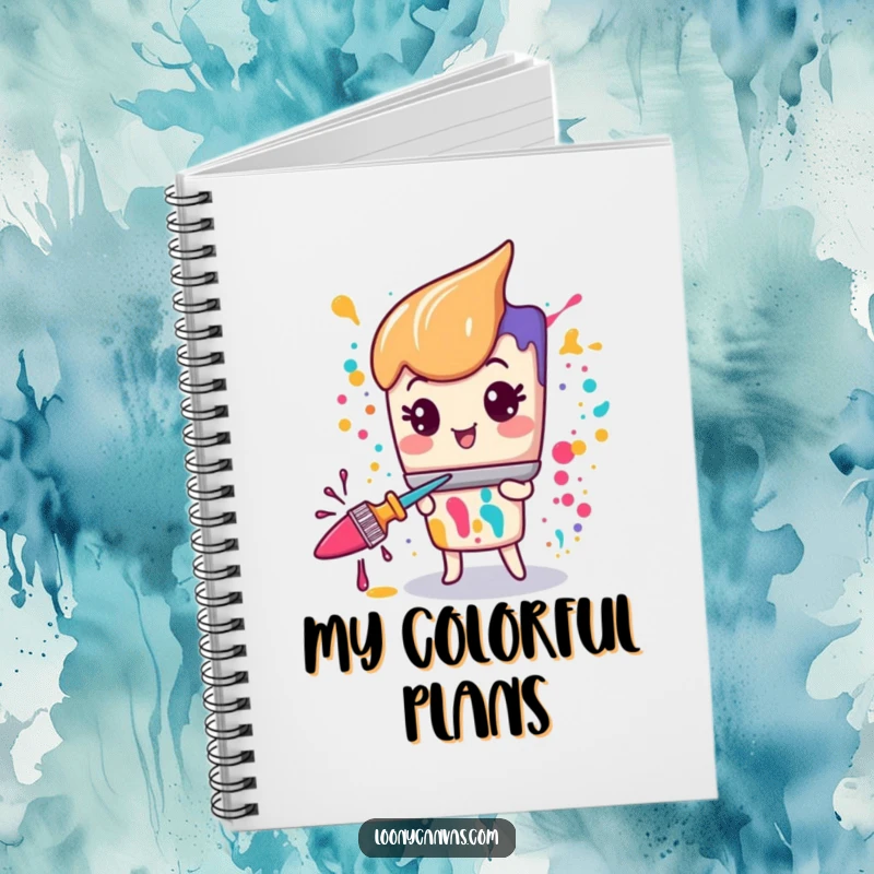 Kawaii paintbrush character splattering paint with manic glee on the cover of a notebook.
