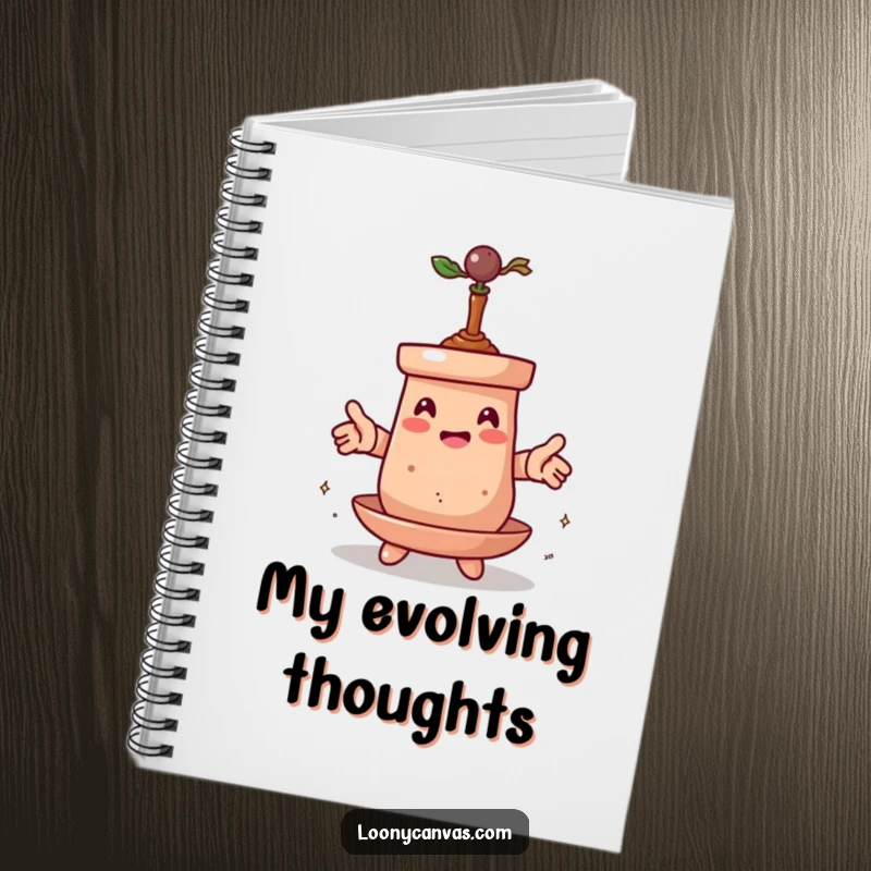 Funny notebook with a spinning clay pot character transforming itself, designed for capturing evolving ideas with artistic flair and a humorous touch.
