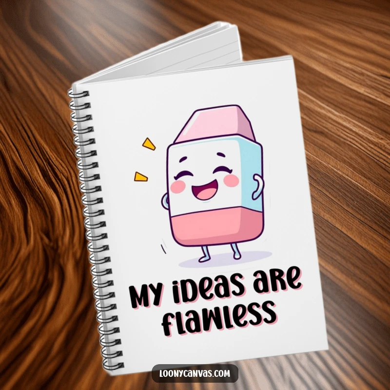 Funny notebook with a giggling eraser character gleefully erasing a comically oversized drawing on the cover.