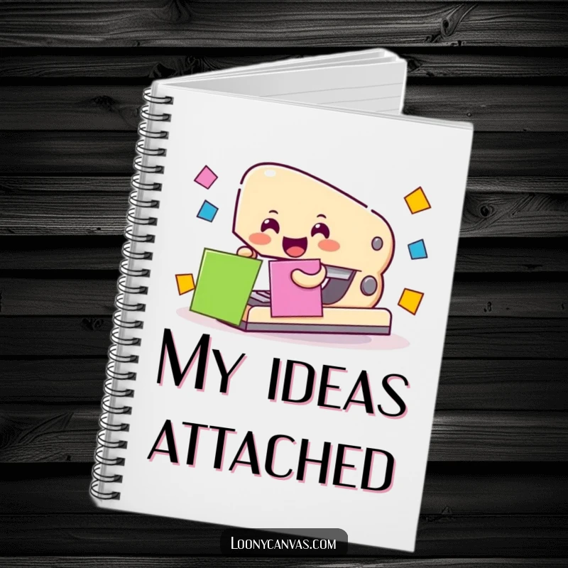 Cheerful stapler character attaching colorful paper squares on the cover of a notebook.