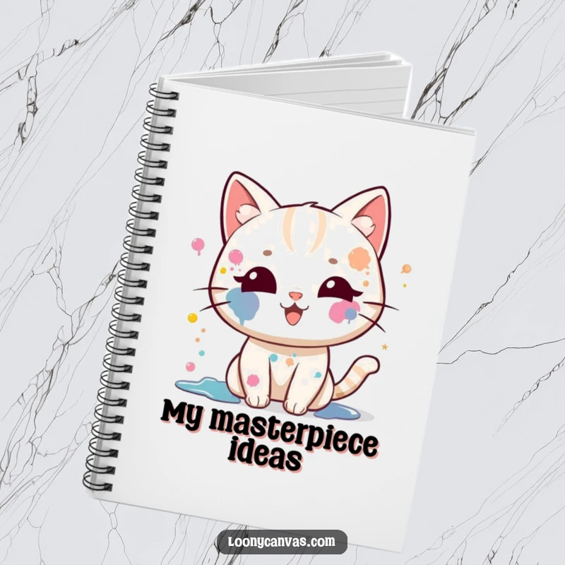 Funny kawaii cat notebook, a cat with paint splatters on its face, gleefully splattering paint, for artists' notes.