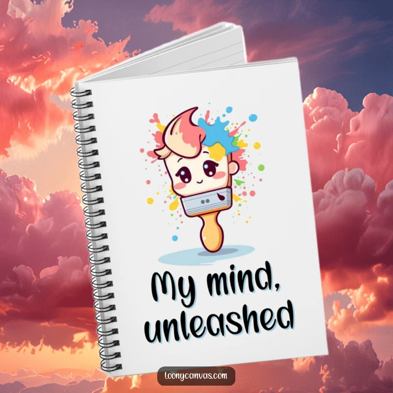 Funny notebook with a shy paintbrush dramatically splattering paint, ideal for jotting down artistic ideas humorously.