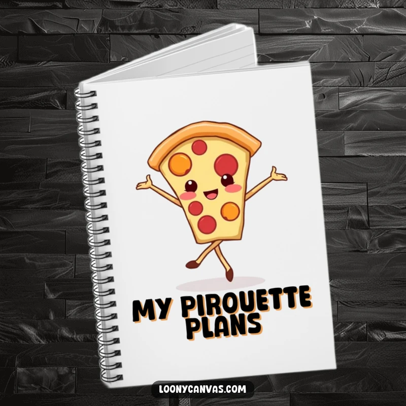 Funny kawaii pizza slice notebook, a smiling pizza slice performing a ballet pirouette, ideal for jotting down thoughts.