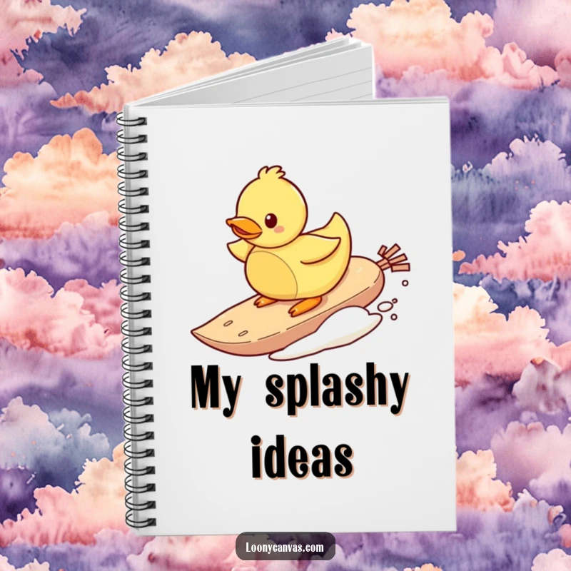Funny notebook cover with a playful rubber ducky surfing on a teabag, great for jotting down fun ideas.