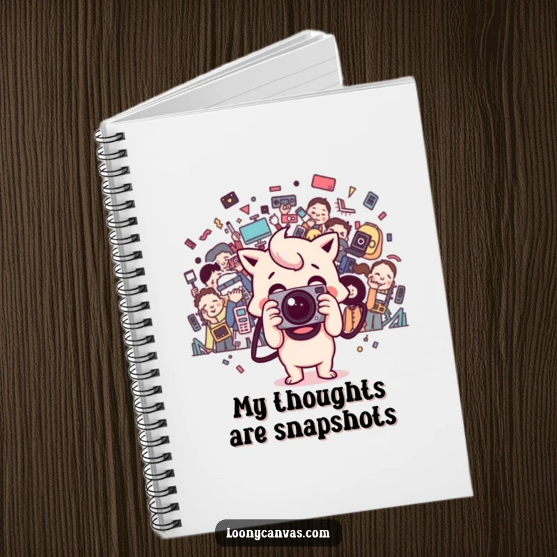 Funny happy Kawaii camera character snapping a chaotic photo on a notebook cover, inspiring creative documentation.