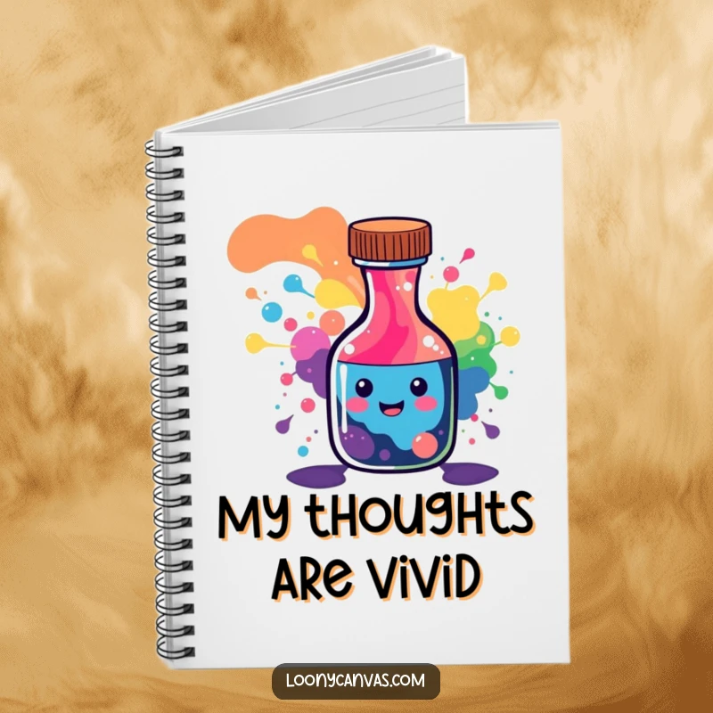 Funny notebook cover featuring a happy ink bottle character spilling a colorful abstract pattern.