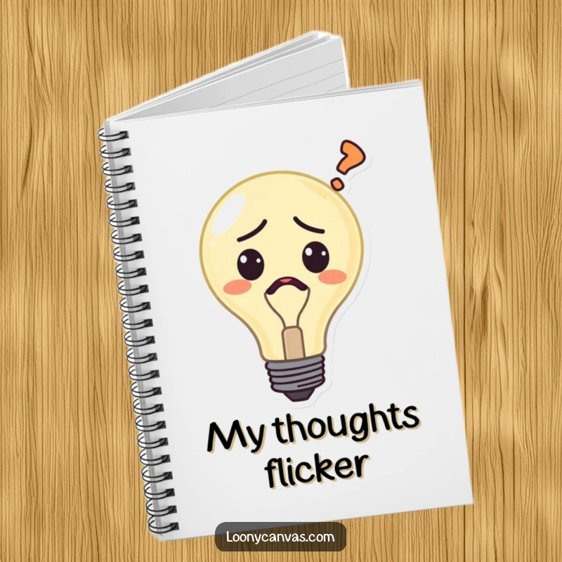 Funny confused lightbulb notebook, a character with a question mark, perfect for capturing creative ideas and humorous ponderings.