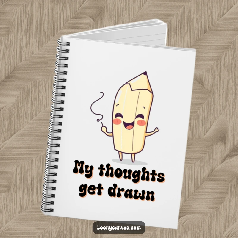 Funny notebook with a playful pencil character drawing a spontaneous squiggle with a cheerful flourish, perfect for sketching ideas.