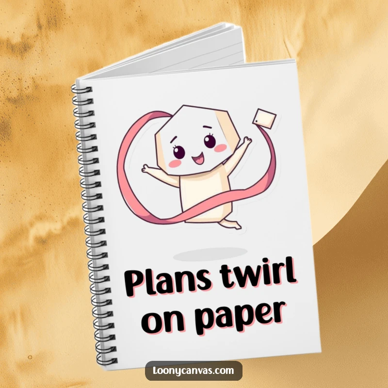 Funny notebook with a giddy geometric character happily twirling a long, flowing ribbon, ideal for jotting down happy thoughts and ideas.