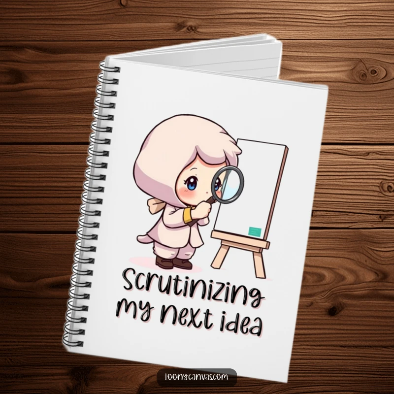 Funny notebook cover art of a curious character meticulously examining a canvas with a magnifying glass, encouraging detailed note-taking.