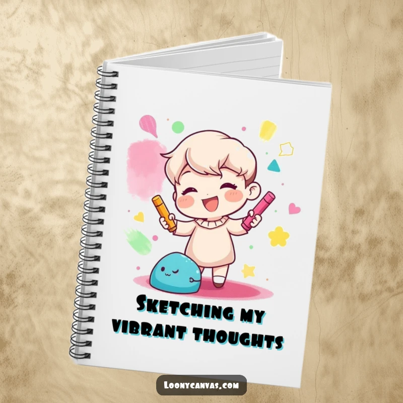 Funny notebook cover art of a gleeful character creating abstract shapes with colored chalk, encouraging imaginative drawing.
