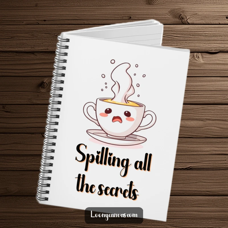 Funny notebook with a startled teacup character erupting steam like a geyser, ready to record surprising thoughts.