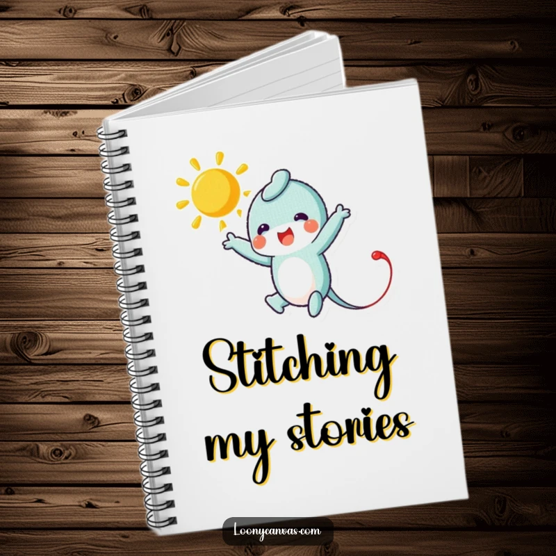 Funny notebook with a leaping needle character stitching a bright sun, designed for capturing ideas with sewing enthusiasm and a humorous touch.