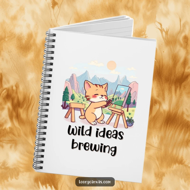 Funny notebook depicting a frantic cat artist painting a surreal landscape, ideal for sketching and ideas.
