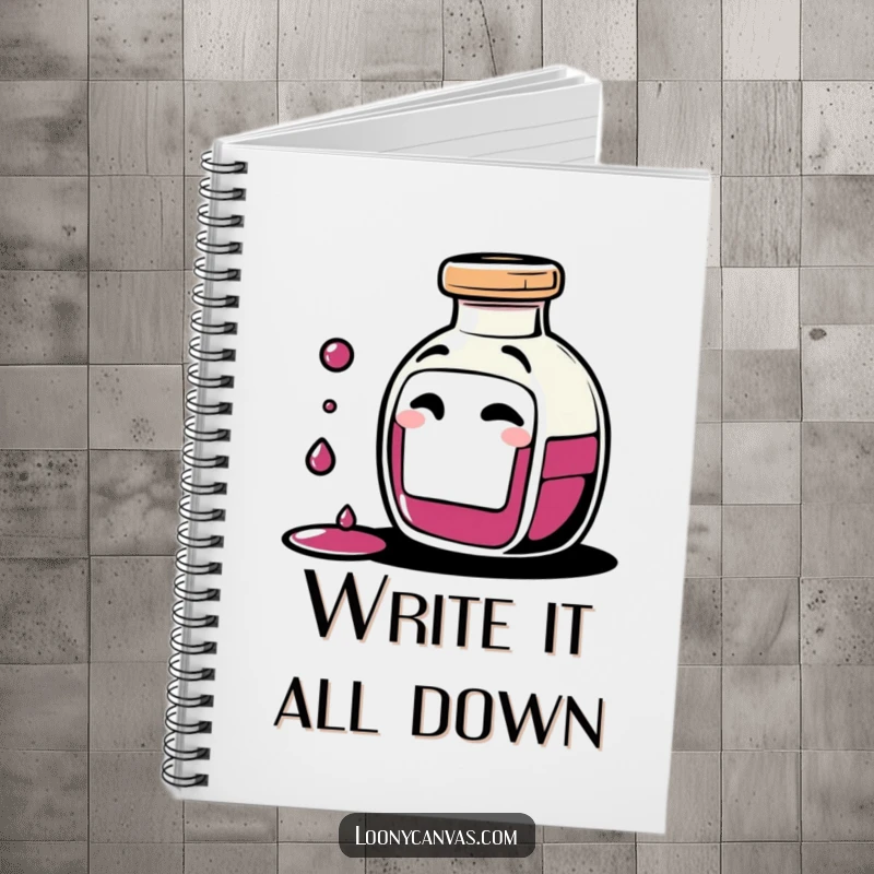 Funny giggling ink bottle character spilling tiny drops of ink with a mischievous wink on a notebook cover, encouraging creative writing and artistic note-taking.