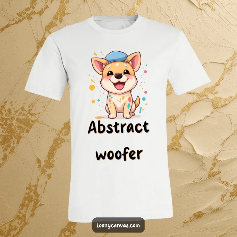 Funny t-shirt of a happy dog in a beret energetically splattering paint, celebrating artistic expression with joyful abandon.