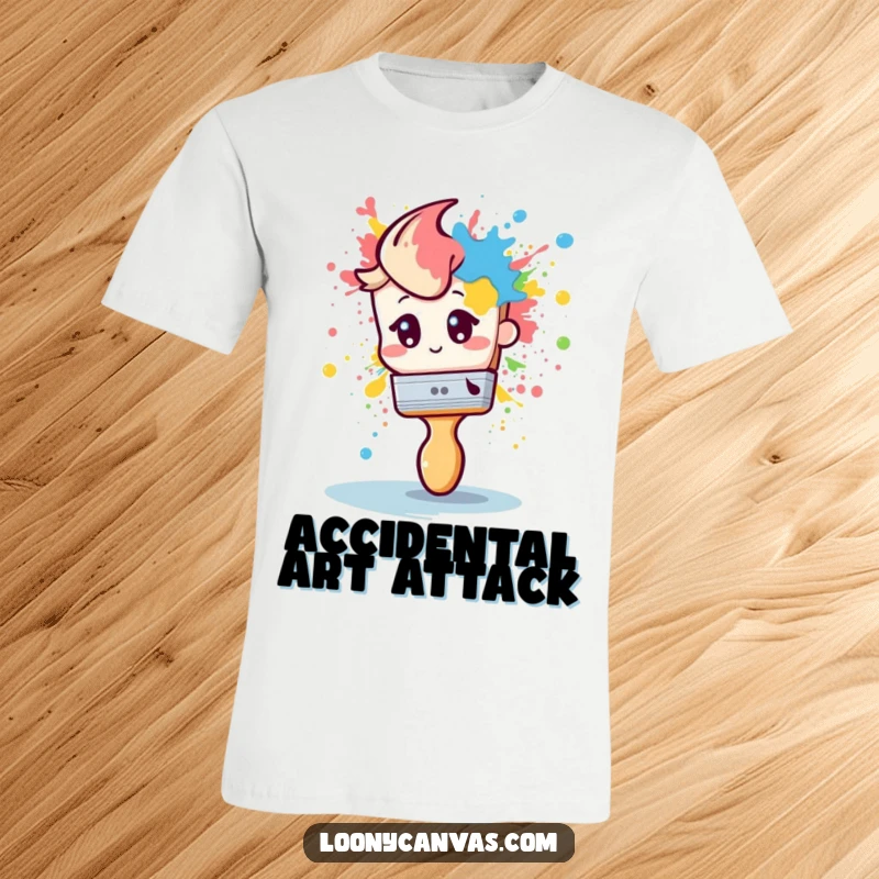 Funny t-shirt with a shy paintbrush dramatically splattering paint, perfect for artists who embrace creative chaos.