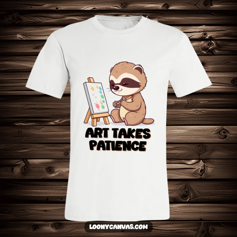 Funny playful sloth character slowly dabbing paint onto a tiny canvas on a t-shirt, perfect for artists.