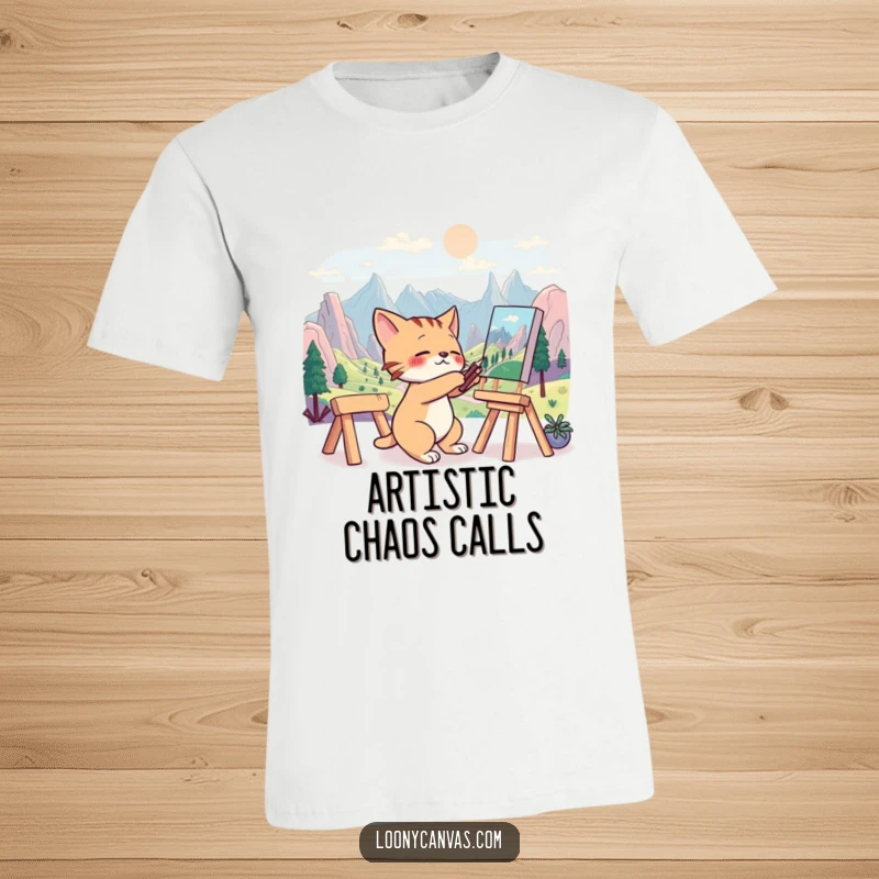 Funny cat t-shirt depicting a determined cat frantically painting a surreal and abstract landscape, full of artistic intensity.