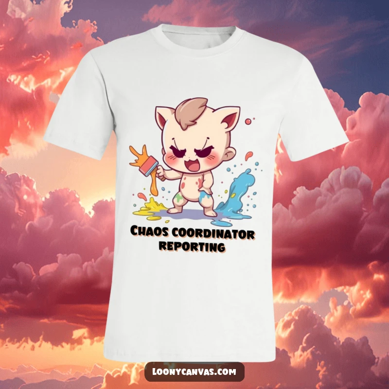 Funny t-shirt featuring a mischievous character playfully splattering paint, perfect for art lovers and playful personalities.