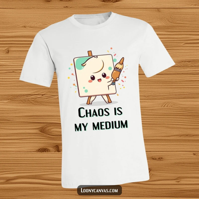 Funny determined Kawaii paintbrush character, actively painting a splattered canvas, a humorous and artistic t-shirt design.