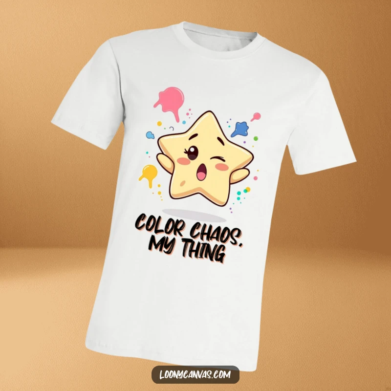 Funny t-shirt featuring a surprised star character winking and juggling paint splatters, showcasing a playful and artistic spirit.