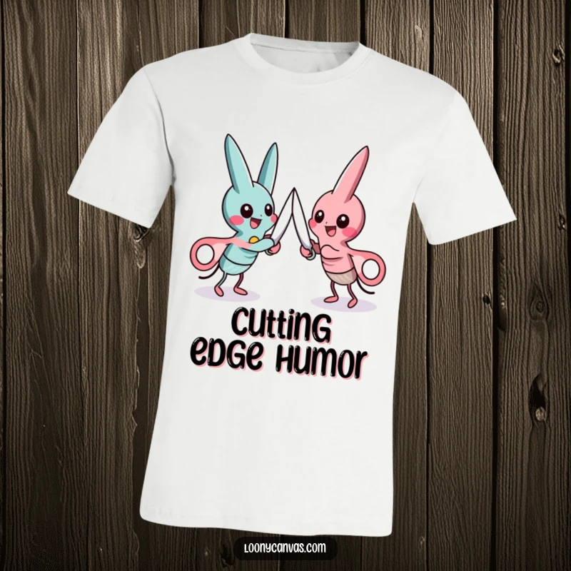 Funny t-shirt depicting a playful pair of scissors characters locked in a lighthearted cutting duel, full of action.