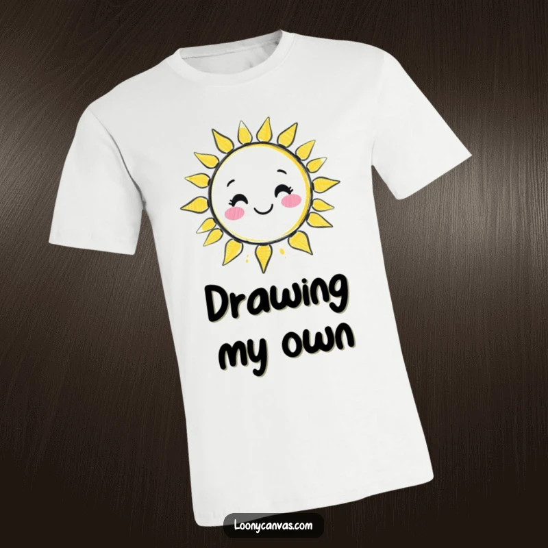 Funny kawaii chalk character drawing a wobbly smile sun on a comfortable t-shirt, radiating happiness and warmth.