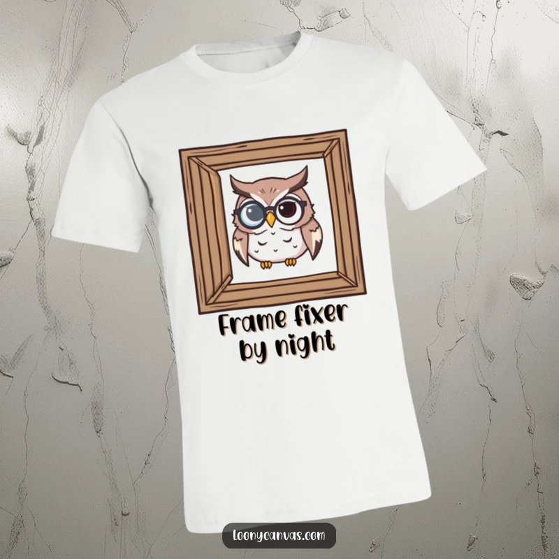 Funny t-shirt of a determined owl wearing a monocle, closely inspecting a crooked frame with critical focus.