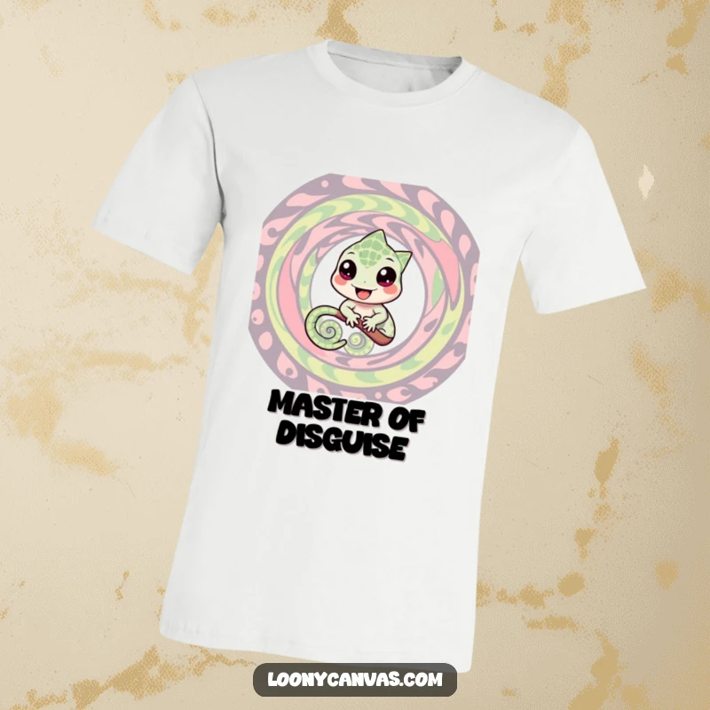 Funny T-shirt featuring a cheerful chameleon character seamlessly merging with a dynamic, swirling pattern, showcasing adaptability and playful charm.