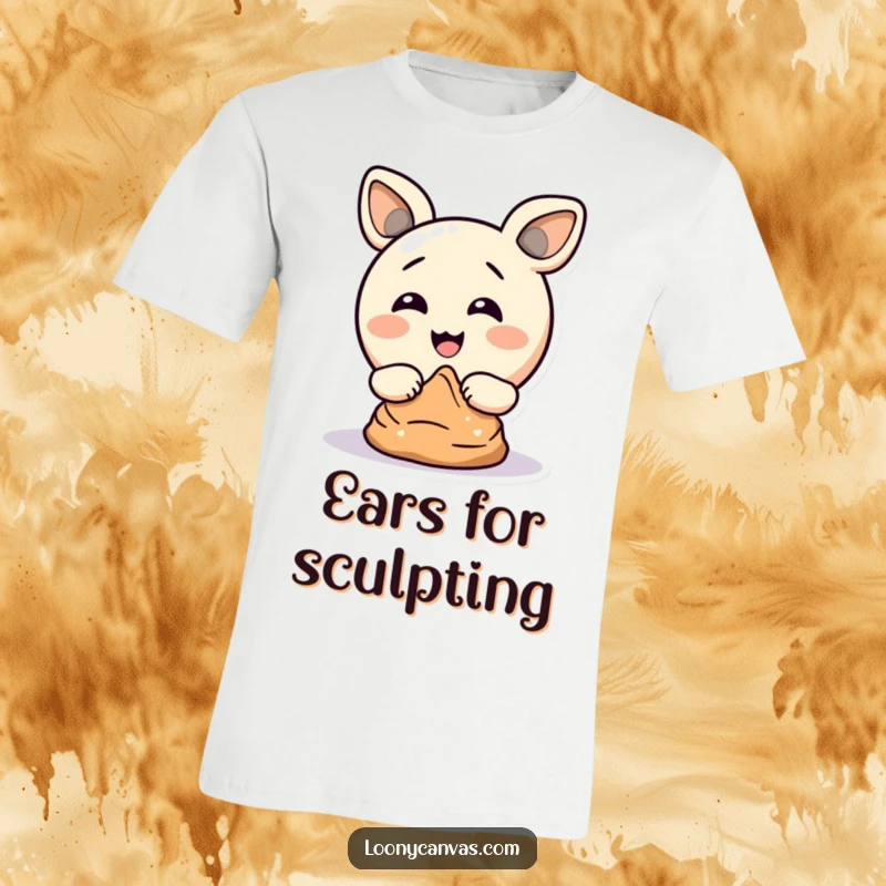 Funny t-shirt featuring a delighted circle character comically sculpting clay with its ears, showcasing a bizarre and joyful artistic endeavor.