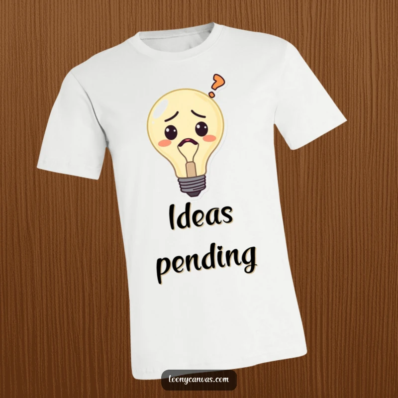 Funny confused lightbulb t-shirt, a flickering character with a question mark, representing moments of uncertainty and comedic intellectual struggle.
