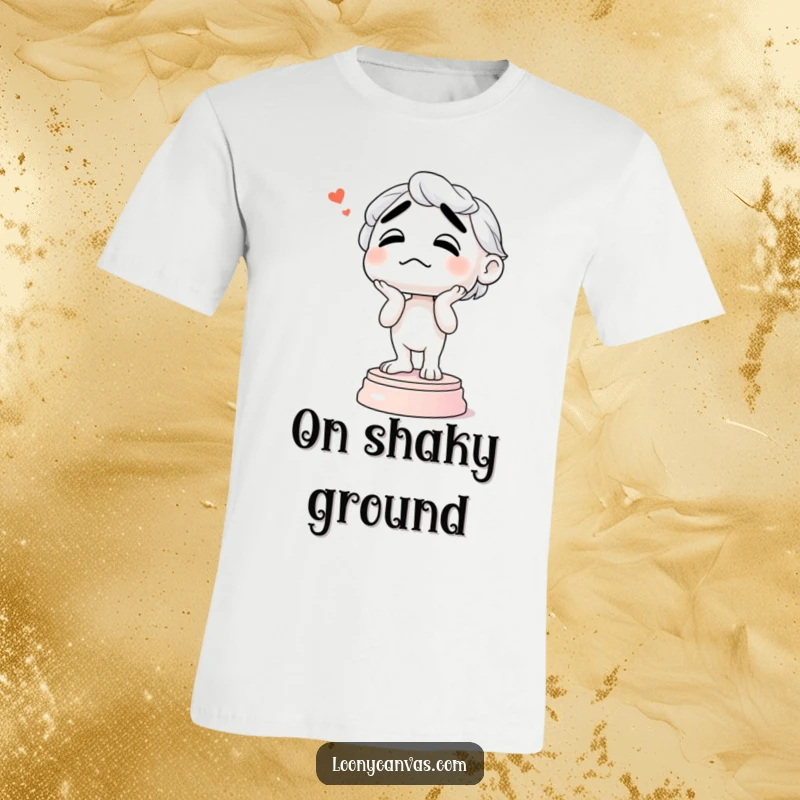 Funny t-shirt graphic showing a confused abstract sculpture wobbling unstably on its base, a humorous take on artistic expression.