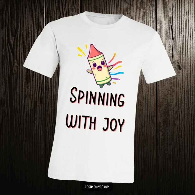 Funny surprised crayon character spinning uncontrollably, leaving a colorful streak on a t-shirt, representing vibrant energy and playful chaos.