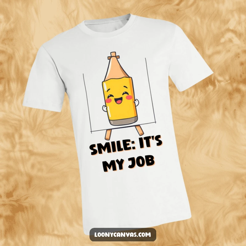 Funny t-shirt featuring a giggling crayon drawing a smiley face, embodying artistic cheerfulness and simple fun.