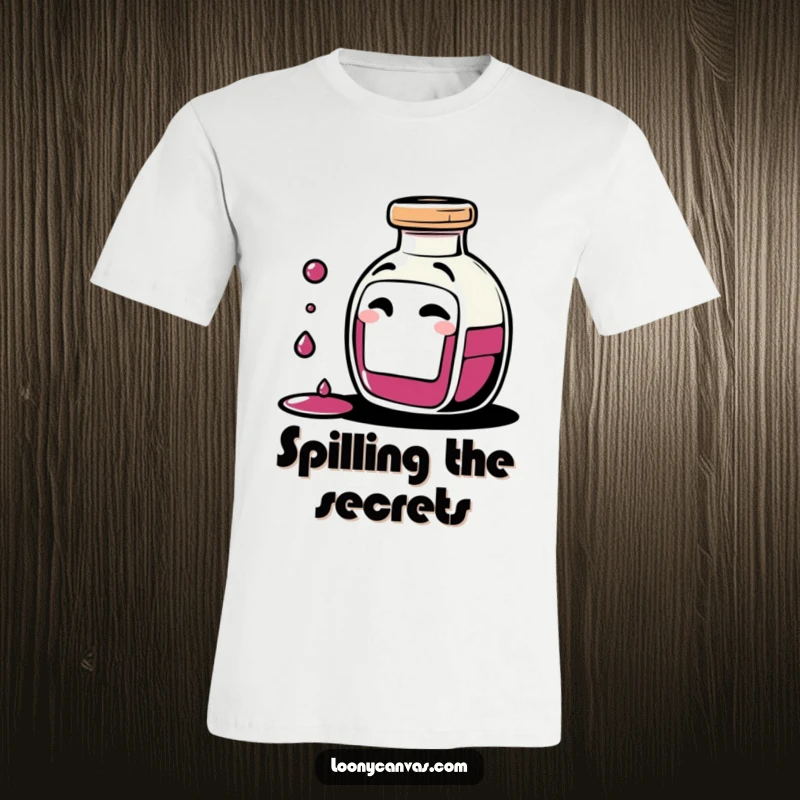 Funny giggling ink bottle character spilling tiny drops of ink with a mischievous wink on a t-shirt, representing creative expression and playful mischief.
