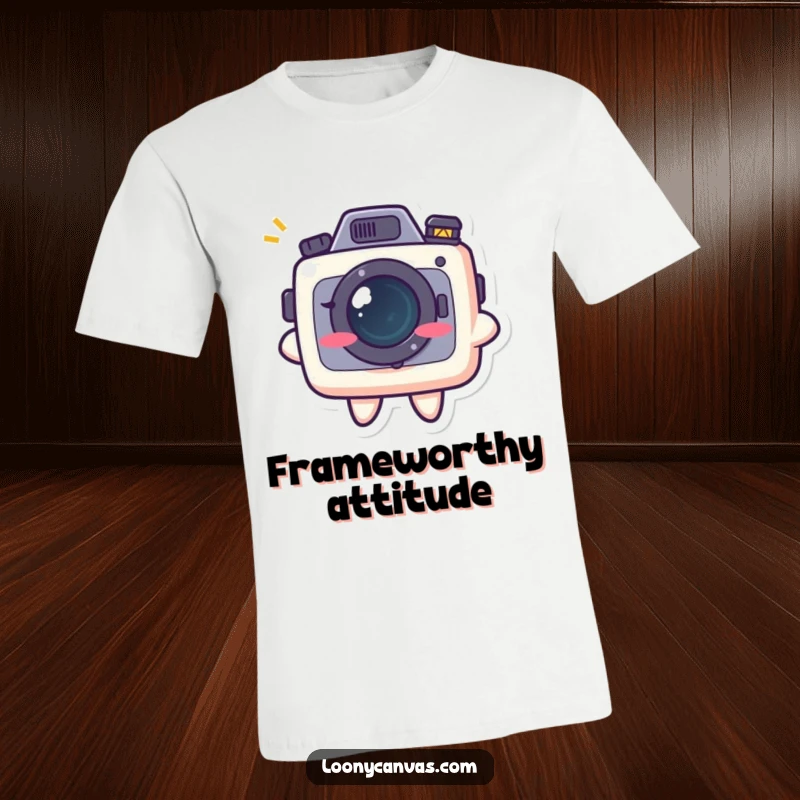 Funny kawaii camera character flashing a cheeky, mischievous grin on a comfortable t-shirt, ideal for photo lovers.