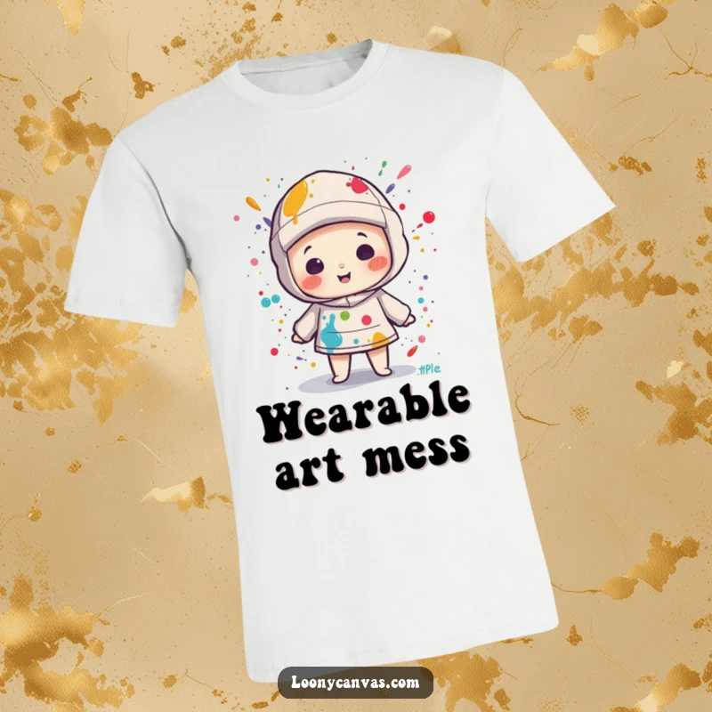 Funny kawaii canvas character covered in colorful paint splatters on a comfortable t-shirt, celebrating the joy of art.