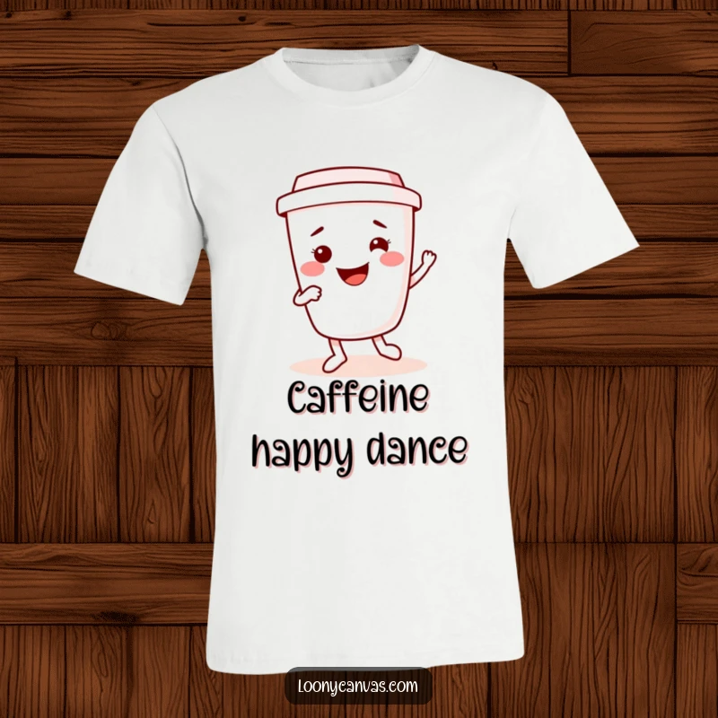 Funny animated kawaii coffee cup character doing a cheerful jig, celebrating morning energy and coffee. A fun and funny t-shirt.
