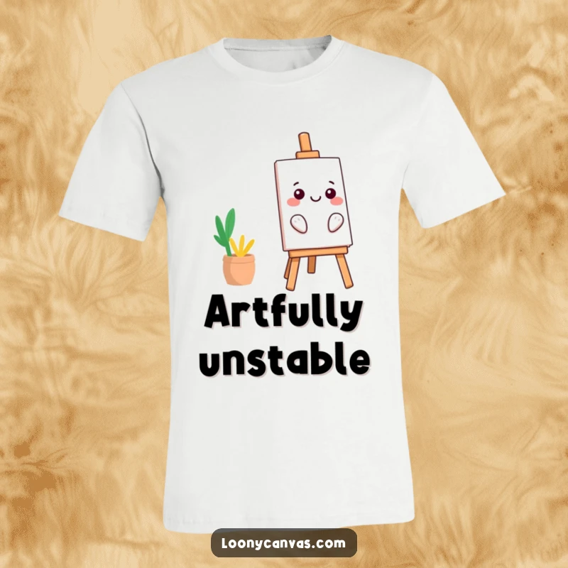 Funny kawaii easel t-shirt, leaning precariously with a smile, humorous cute art, perfect funny gift for art enthusiasts.