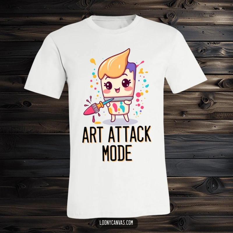Kawaii paintbrush character gleefully splattering vibrant paint, featured on a t-shirt.