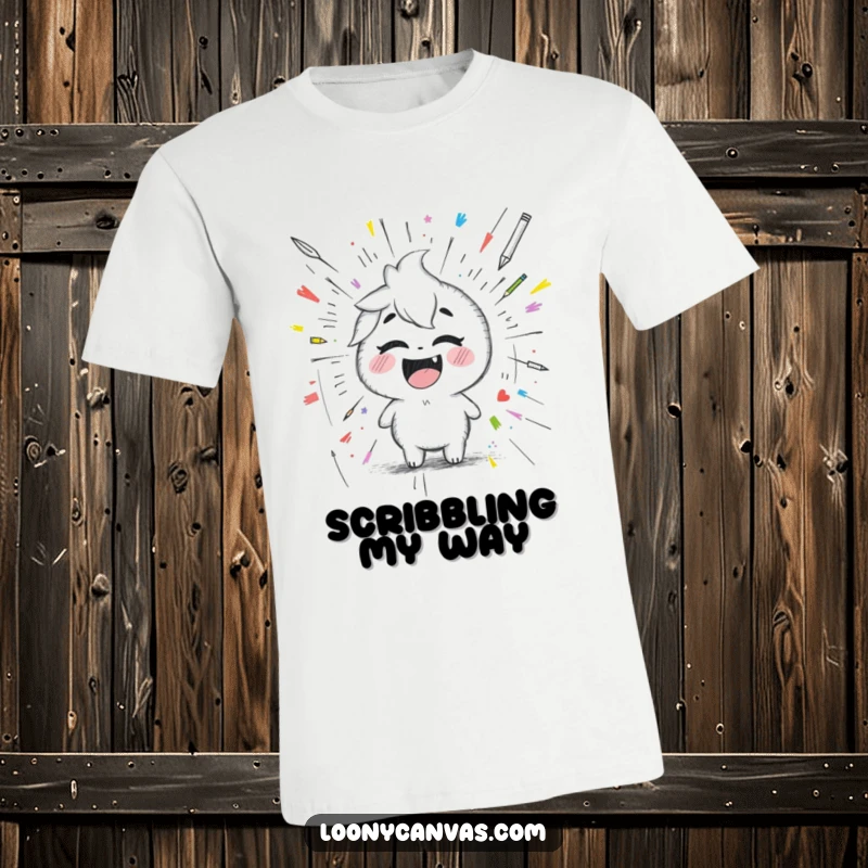 Funny giggling Kawaii pencil character, drawing a chaotic scribbled masterpiece, a humorous and artistic t-shirt design.
