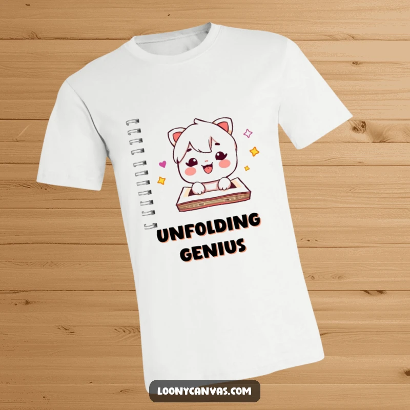 Funny kawaii sketchpad t-shirt, popping open with surprise, humorous cute art, perfect funny gift for art lovers.