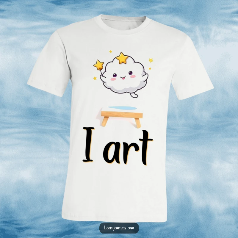 Funny kawaii starry cloud character humorously leaping over a tiny canvas, expressing artistic joy and a free spirit. Hilarious gift tee.