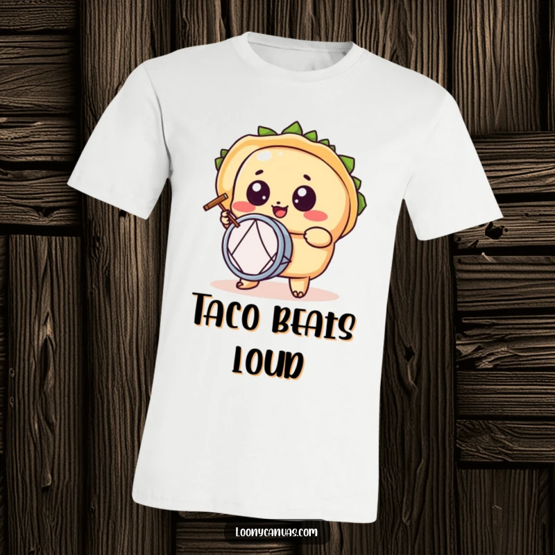 Funny kawaii taco character t-shirt, a wide-eyed taco energetically playing a tiny drum, showcasing rhythmic fun.