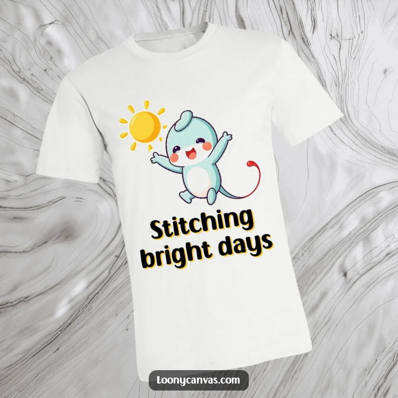Funny T-shirt featuring a leaping needle character actively stitching a vibrant, smiling sun, celebrating the joy of crafting and bright optimism.